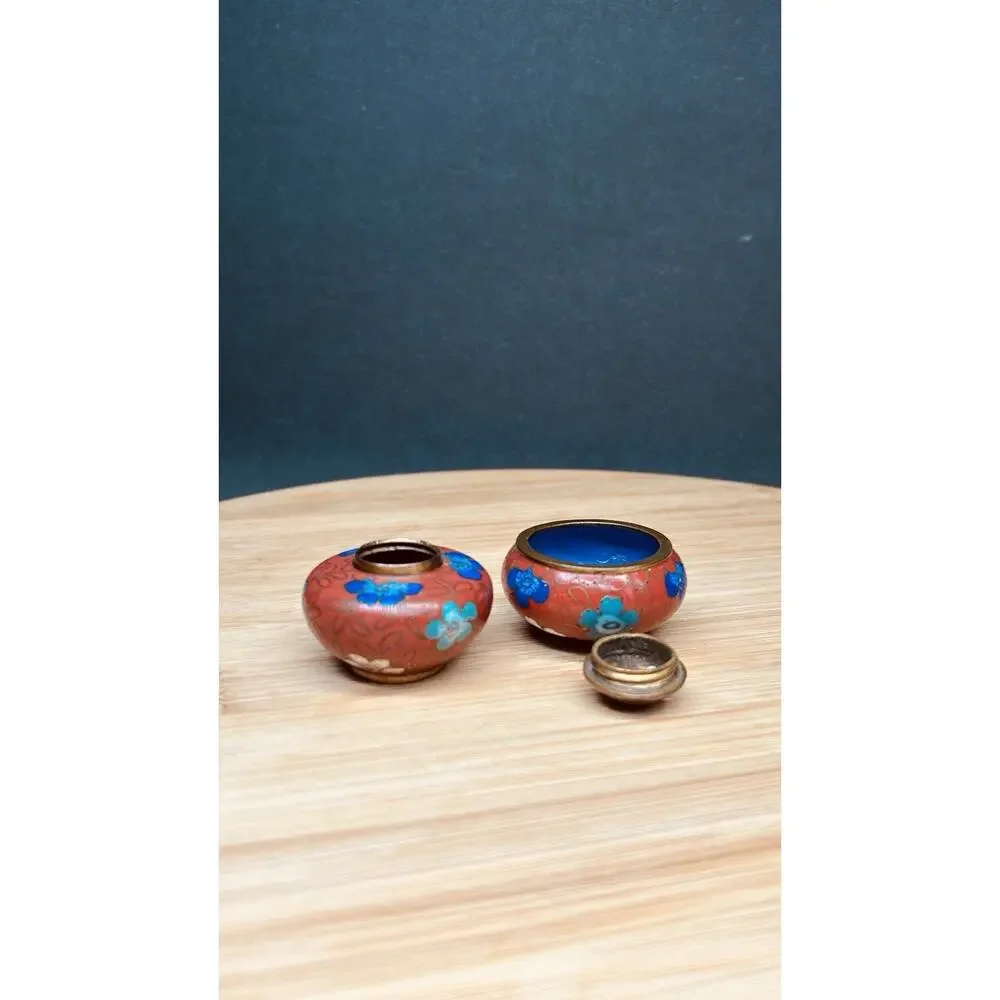 Vintage Chinese Cloisonné Salt Dip & Pepper Shaker Combination Floral Enamel